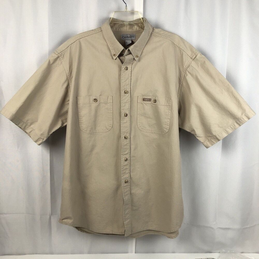 Carhartt Mens Beige Cotton Canvas Button Front Work Shirt Size XL Pocket